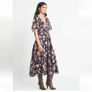 Tanya Taylor Bria‎ Collaged Geranium Floral Print Faux Wrap Midi Dress Size 10